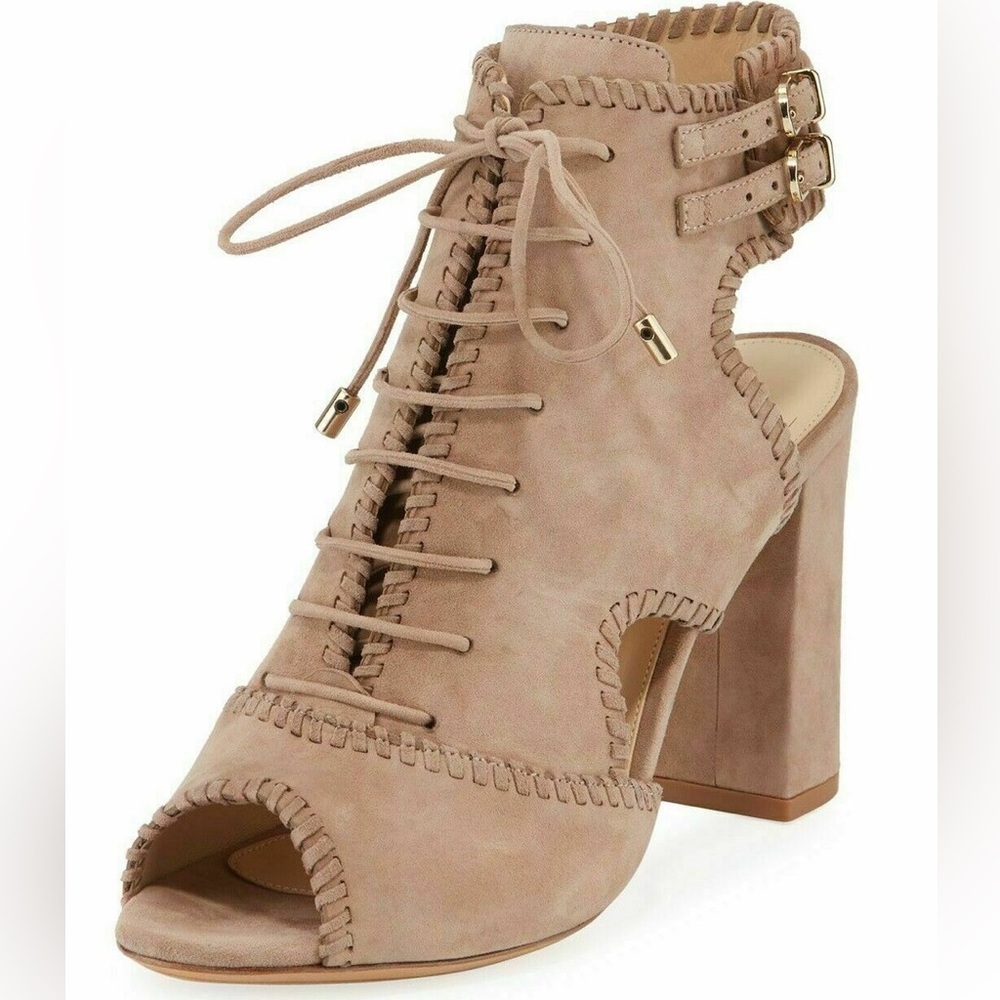 Alexandre Birman Abbe lace up peep toe block heel booties in tan suede.